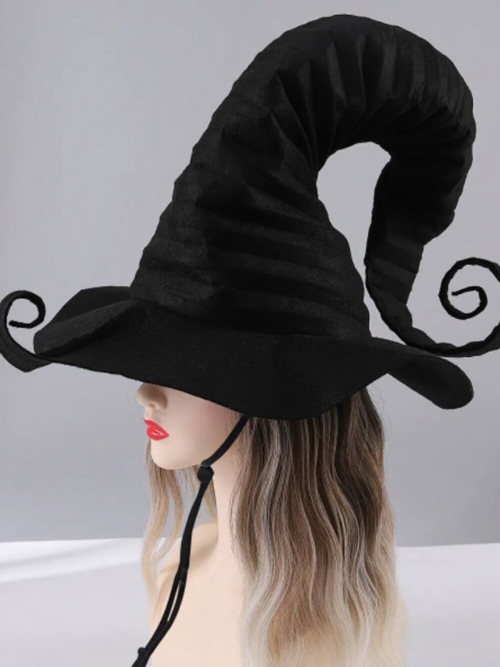 Black Pleated Witch Hat Polyester Halloween Costume Accessory With Windproof Rop